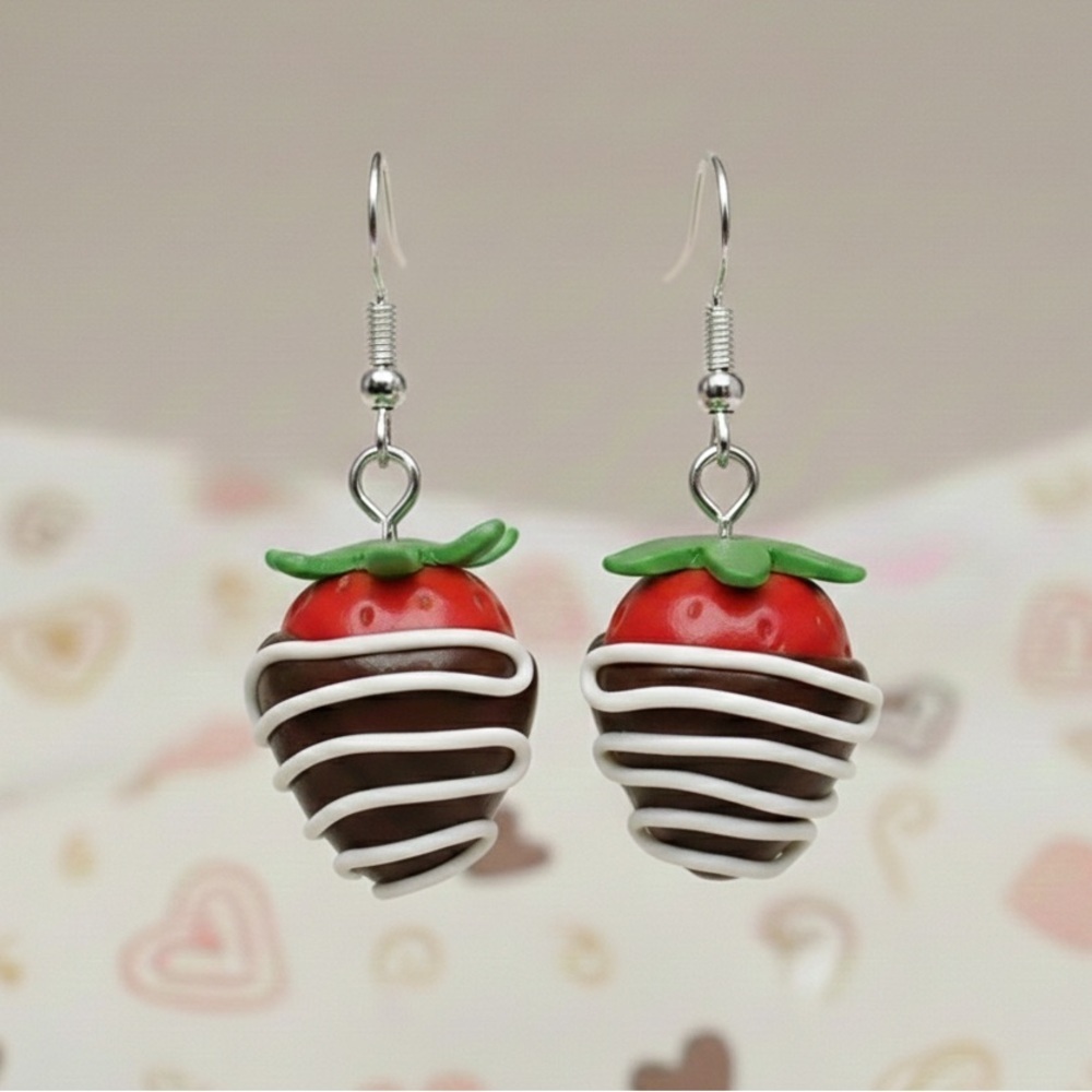Chocolate Dipped Strawberry Dangle - Handmade Earrings - Valentine's Day